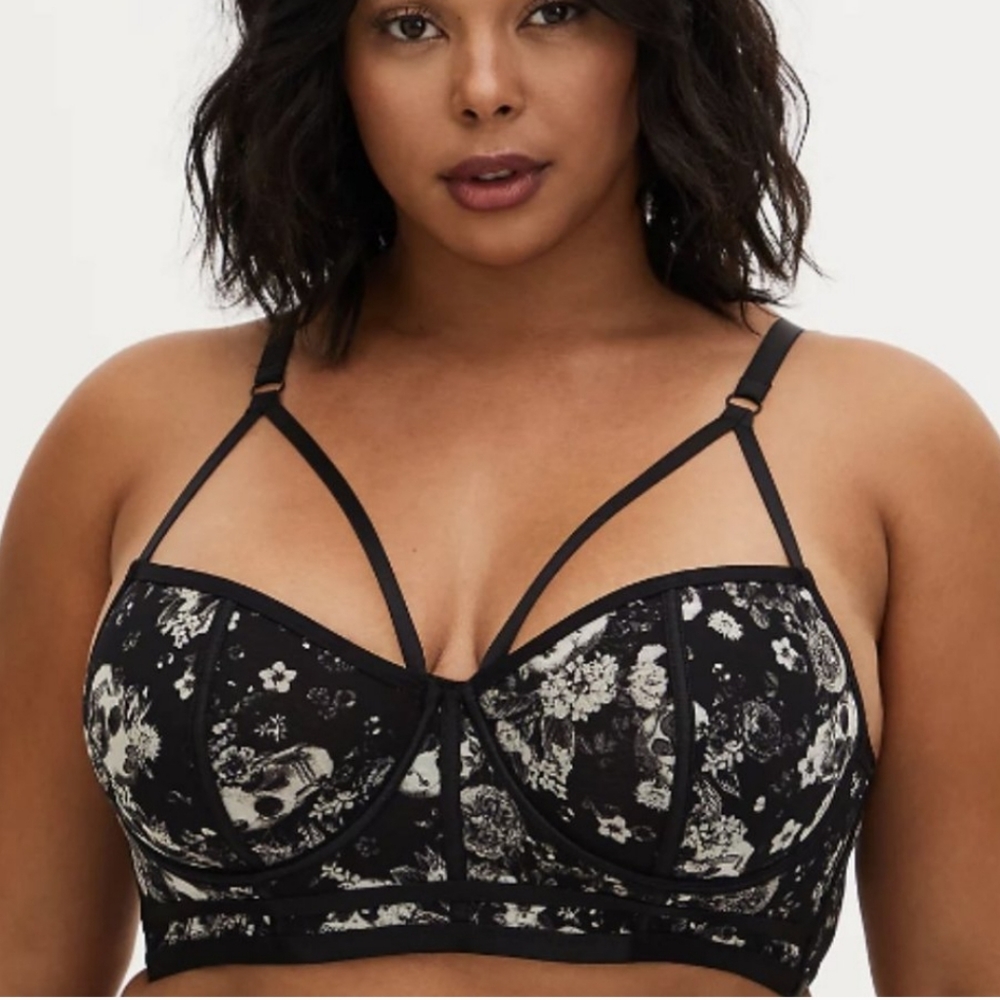 Torrid Black Skull Floral Power Mesh Strappy Unlined Longline Bralette